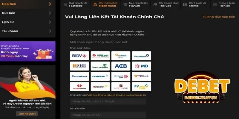 Thanh toán tiền tại Debet bằng giao dịch ngân hàng 24/7